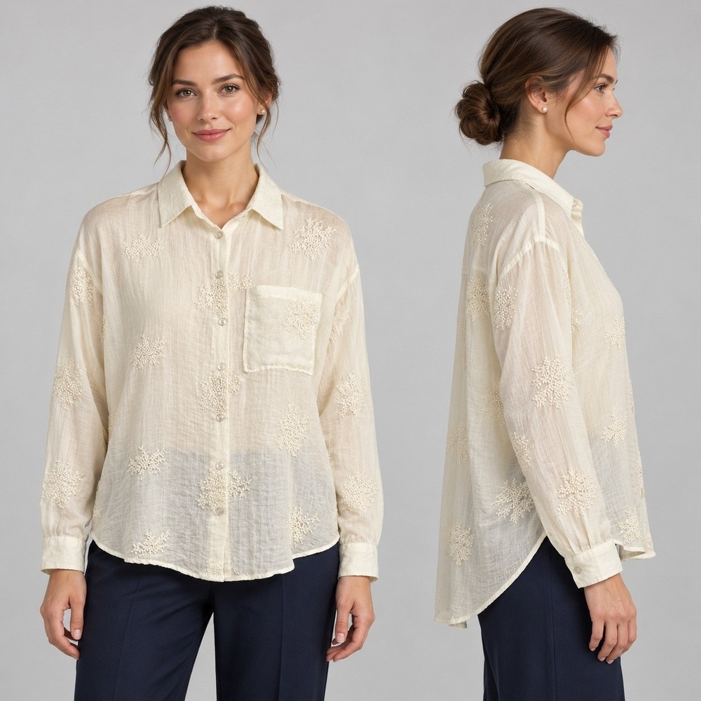 Peach Boho Off-White Gauze Embroidered Button-Down Shirt Medium Sheer Ethereal